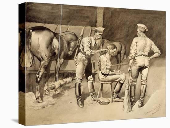 A Haircut in a Cavalry Stable, C.1893 (W/C on Paper)-Frederic Remington-Premier Image Canvas