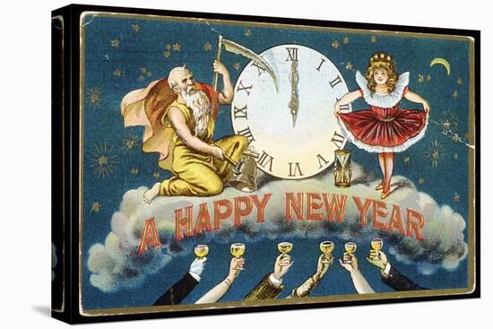 A Happy New Year Postcard with Father Time and a Young Girl-null-Premier Image Canvas