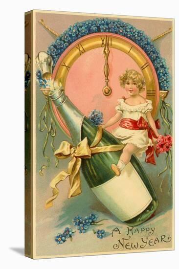 A Happy New Year, Victorian Girl on Champagne Bottle-null-Stretched Canvas