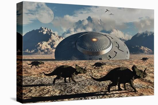 A Herd of Dinosaurs Walk Past a Flying Saucer Lodged into the Ground-null-Stretched Canvas