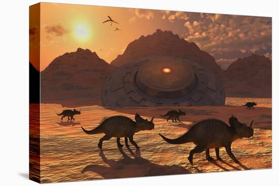 A Herd of Dinosaurs Walk Past a Flying Saucer Lodged into the Ground-null-Stretched Canvas