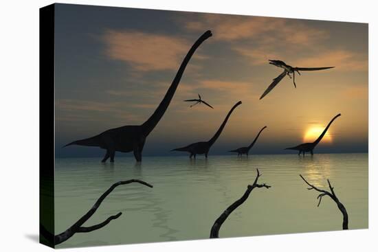 A Herd of Omeisaurus Dinosaurs Walking Through Shallow Waters-Stocktrek Images-Stretched Canvas