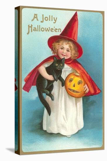 A Jolly Halloween, Little Girl Witch with Cat and Jack O'Lantern-null-Stretched Canvas