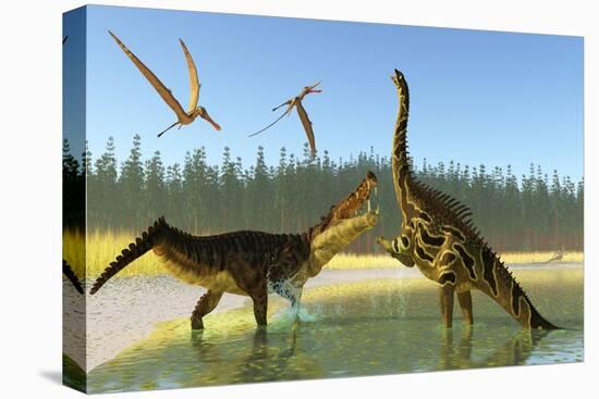 A Kaprosuchus Reptile Confronts an Agustinia Dinosaur-null-Stretched Canvas
