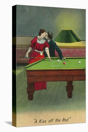 A Kiss off the Red, Couple Kissing Before Pool Shot-Lantern Press-Stretched Canvas