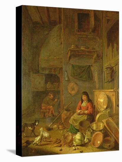 A Kitchen Interior with a Woman Peeling Potatoes Beside a Dog-Hendrik Martensz Sorgh-Premier Image Canvas