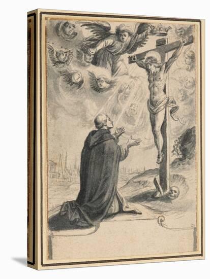 A Kneeling Friar before a Vision of Christ on the Cross, 1601-1700 (Pen and Brush and Blueish Grey-German School-Premier Image Canvas