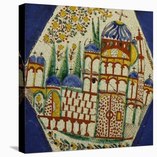 A Kutahya Pottery Hexagonal Tile Depicting a Cathedral with Floral Spray Above-null-Premier Image Canvas