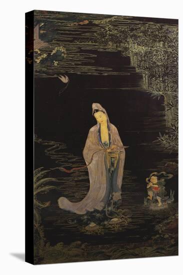 A Large Chinese Lacquered Painted Wood Rectangular Panel Depicting a Standing Model of Guanyin…-null-Premier Image Canvas