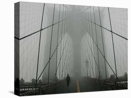 A Lone Runner Makes His Way Across the Fog-Shrouded Brooklyn Bridge Christmas Morning-null-Premier Image Canvas