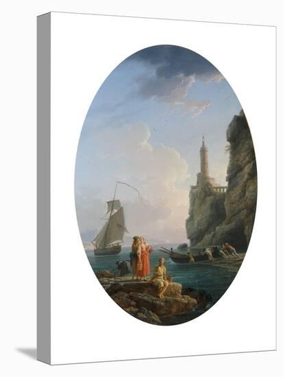 A Mediterranean Coastline with an Amorous Couple and Fishermen, 1767 (Oil on Canvas, Oval)-Claude Joseph Vernet-Premier Image Canvas