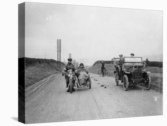 A Motorcycle and Sidecar Passing a Car and Cyclist on the Road-null-Premier Image Canvas