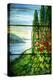 A Mountainous Lake Scene with Red Blossoming Hollyhocks and Arbor-Tiffany Studios-Premier Image Canvas