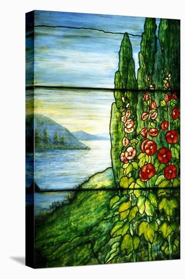 A Mountainous Lake Scene with Red Blossoming Hollyhocks and Arbor-Tiffany Studios-Premier Image Canvas