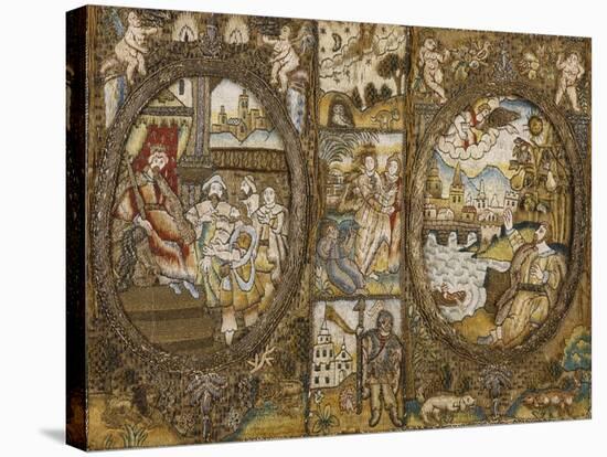 A Needlework Book Binding Depicting Religious Scenes with a Seated King and an Angel-null-Premier Image Canvas