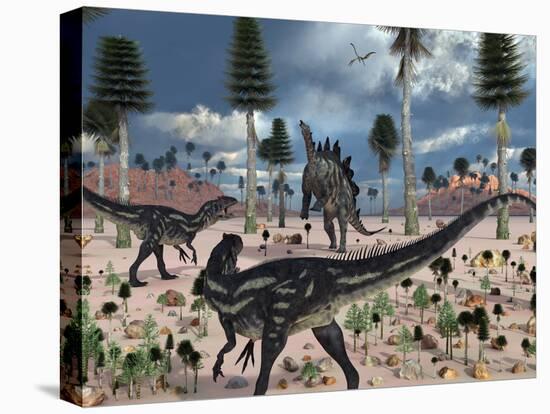 A Pair of Allosaurus Dinosaurs Confront a Lone Stegosaurus-Stocktrek Images-Premier Image Canvas