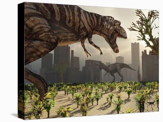 A Pair of Tyrannosaurus Rex Explore a City in Hopes of Finding their Next Meal-Stocktrek Images-Premier Image Canvas
