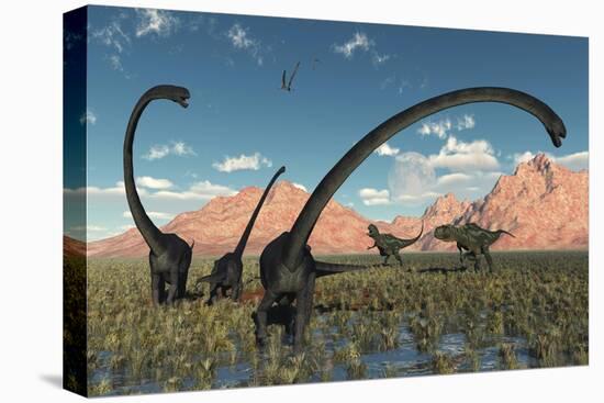 A Pair of Yangchuanosaurus Dinosaurs Confront a Family of Omeisaurus-null-Stretched Canvas