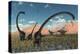 A Pair of Yangchuanosaurus Dinosaurs Confront a Family of Omeisaurus-null-Stretched Canvas