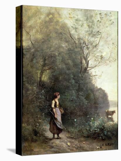 A Peasant Woman Grazing a Cow at the Edge of a Forest-Jean-Baptiste-Camille Corot-Premier Image Canvas