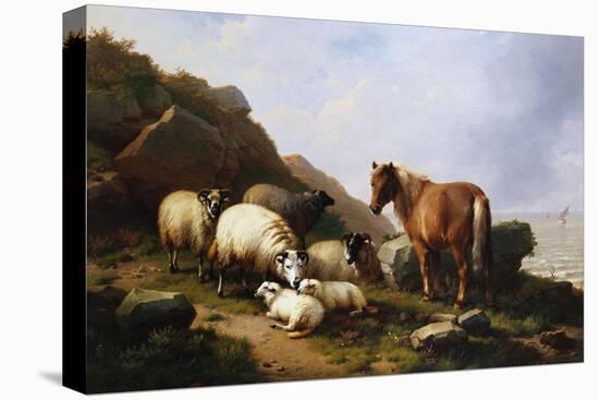 A Pony and Sheep on a Cliff with a Sailing Vessel Beyond, 1868-Eugene Joseph Verboeckhoven-Premier Image Canvas