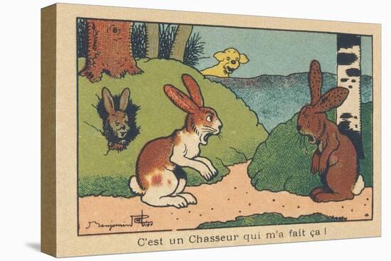 A Rabbit Comes Back to His Burrow Crying, His Ears Riddled with Leads. “A Hunter Did that to Me!” ,-Benjamin Rabier-Premier Image Canvas