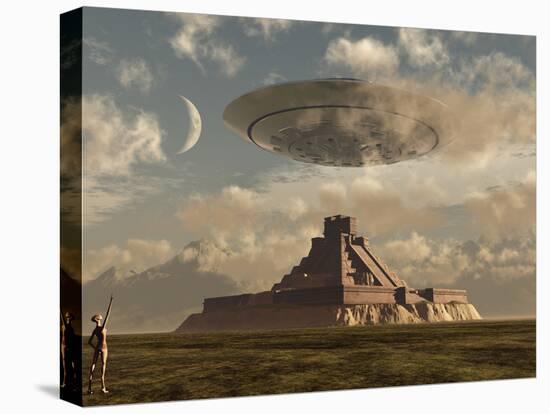 A Reptoid Greets an Incoming Flying Saucer Above a Pyramid.-Stocktrek Images-Premier Image Canvas