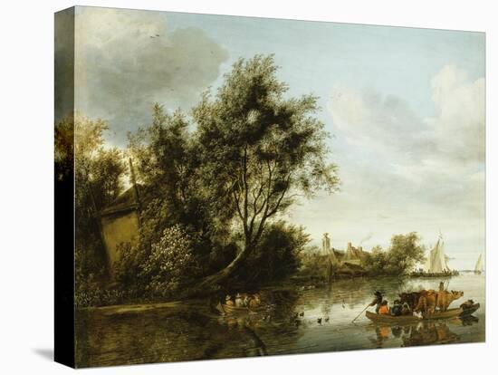 A River Landscape with a Hayloft Among Trees and a Ferryboat with Passengers and Cattle-George Henry Clements-Premier Image Canvas