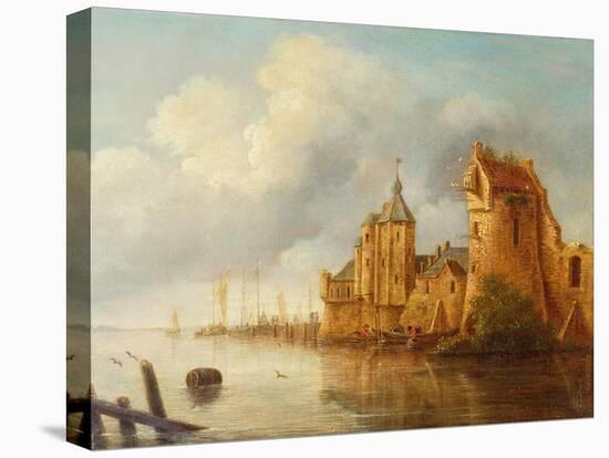 A River Landscape with Fishermen by a Castle-Claude de Jongh-Premier Image Canvas