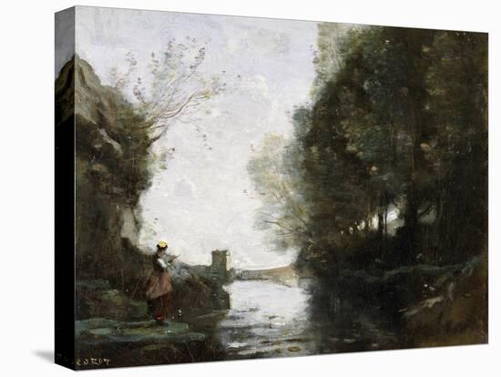 A River with a Square Tower and a Farmer in the Foreground, C.1865-70-Jean-Baptiste-Camille Corot-Premier Image Canvas