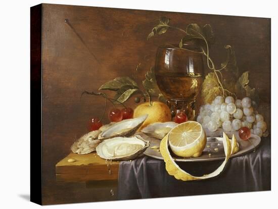 A Roemer, a Peeled Half Lemon on a Pewter Plate, Oysters, Cherries and an Orange on a Draped Table-Joris van Son-Premier Image Canvas