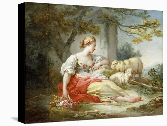A Shepherdess Seated with Sheep and a Basket of Flowers Near a Ruin in a Wooded Landscape-Jean-Honoré Fragonard-Premier Image Canvas