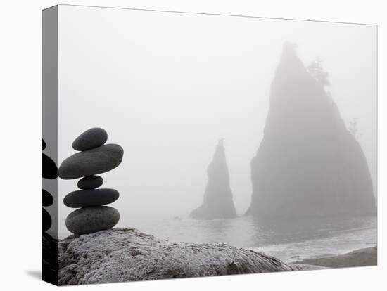 A Small Stone Cairn on Driftwood with Sea Stacks at Rialto Beach, Olympic National Park, Washington-Ethan Welty-Premier Image Canvas