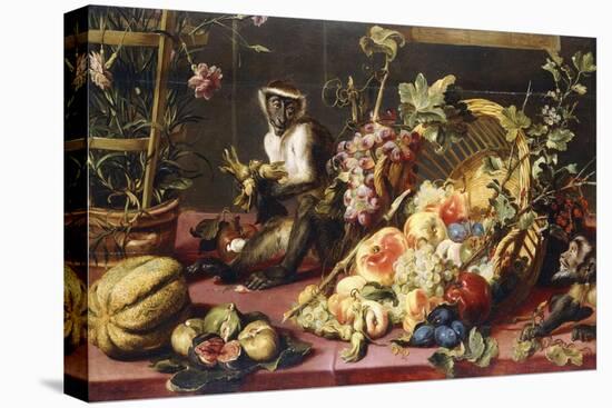 A Spilled Basket of Fruits on a Draped Table with Monkeys-Frans Snyders-Premier Image Canvas