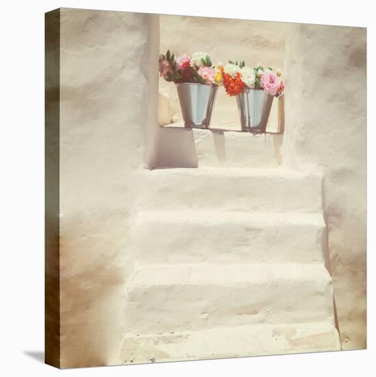 A Staircase of a Greek, White House with Two Bunches of Flowers-Joana Kruse-Premier Image Canvas