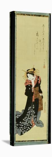 A Standing Courtesan in a Black Kimono with White Flowerheads Holding a Wad of Paper-Utagawa Kunisada-Premier Image Canvas