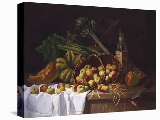 A Still Life with a Bottle of Wine, Rhubarb and an Upturned Basket of Apples on a Table-Sir William Beechey-Premier Image Canvas