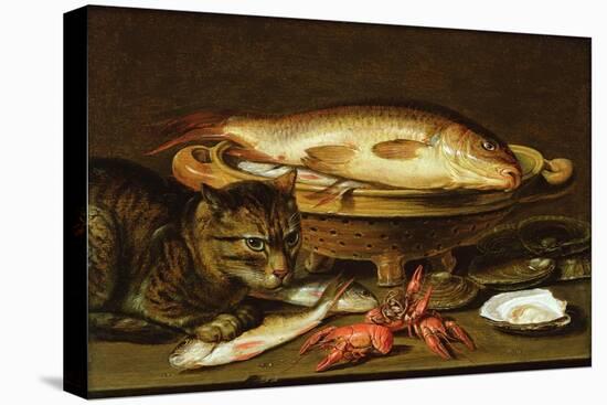 A Still Life with Carp in a Ceramic Colander, Oysters, Crayfish, Roach and a Cat on the Ledge…-Clara Peeters-Premier Image Canvas