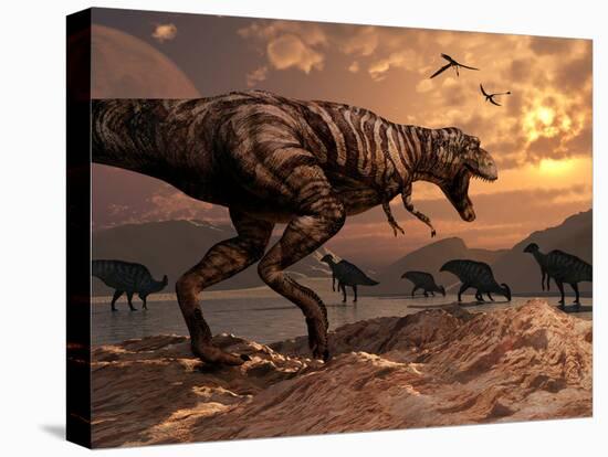 A T-Rex Plans His Attack on a Herd of Parasaurolophus Dinosaurs-Stocktrek Images-Premier Image Canvas