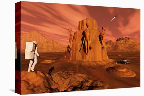 A Team of Explorers from Earth Exploring Mars Ancient Monuments-null-Stretched Canvas