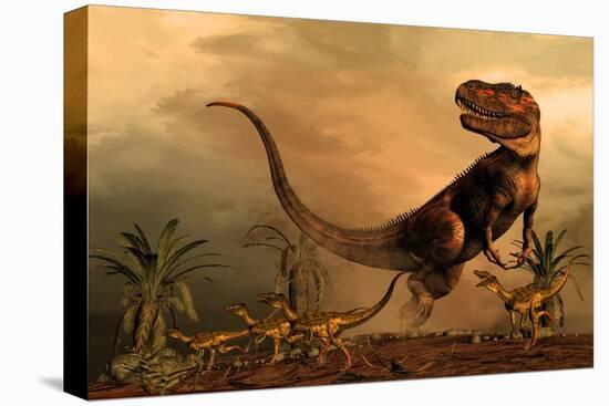 A Torvosaurus on the Prowl While a Group of Ornitholestes Flee a Hasty Retreat-null-Stretched Canvas