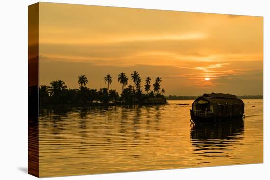 A traditional houseboat moves past the setting sun on the Kerala Backwaters, Kerala, India, Asia-Logan Brown-Premier Image Canvas