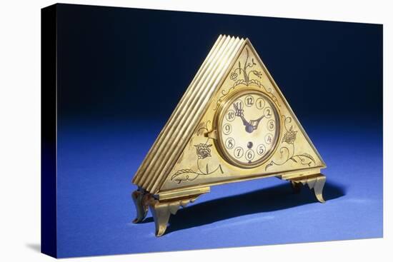 A Triangular Brass Table Clock with Engraved Floral Decoration-Dagobert Peche-Premier Image Canvas