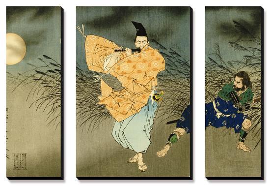 A Triptych of Fujiwara No Yasumasa Playing the Flute by Moonlight-Tsukioka Kinzaburo Yoshitoshi-Stretched Canvas