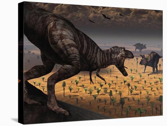 A Tyrannosaurus Rex Spots Two Passing Triceratops-Stocktrek Images-Premier Image Canvas