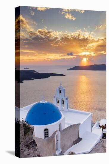 A white church with blue dome overlooking the Aegean Sea at sunset, Santorini, Cyclades-Ed Hasler-Premier Image Canvas