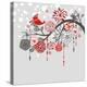 A Winter Branch with a Bird and falling Snow. Red and Grey Colors-Alisa Foytik-Stretched Canvas