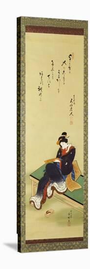 A Woman Seated on a Bench Holding a Poem Card, circa 1855-Utagawa Kunisada-Premier Image Canvas