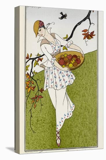 A woman wearing a silk printed outfit, and straw hat She is carrying a bowl of fruit-Georges Barbier-Premier Image Canvas