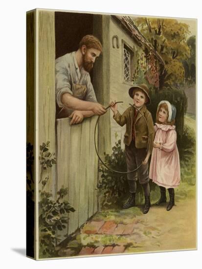 A Young Boy and Young Girl Giving a Broken Hoop to a Blacksmith for Repair-null-Premier Image Canvas
